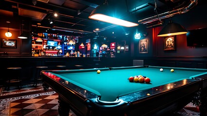 A cozy bar with a pool table in the foreground, illuminated by warm lighting, and a well-stocked bar in the background
