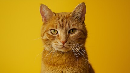 Obraz premium A ginger cat against a yellow background, looking at the camera, serious face expression