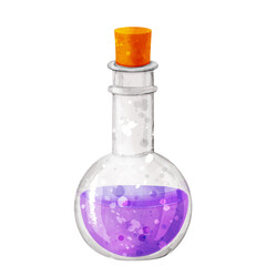 Flask with purple liquid. Glass transparent container. Vector illustration