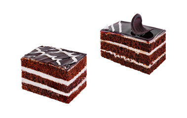 Delicious chocolate cake slices isolated on white background