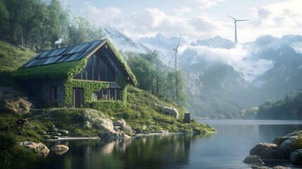 Fototapeta premium The beauty of sustainable living in a powerful. Concept for Eco-friendly practices Ecology, renewable energy sources, and environmentally conscious lifestyles. 