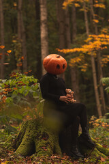 Surreal Pumpkin Head in Autumn Forest