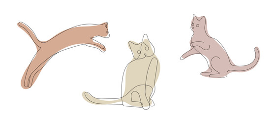 Cats in one line style. Minimalistic drawing of cats on a white background.