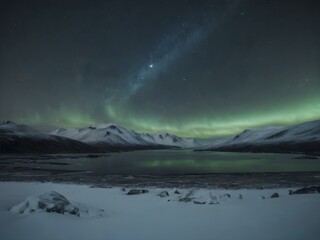 Naklejka premium A long-exposure night sky in the Arctic, filled with stars and faint green auroras, with snow-capped mountains in the foreground 