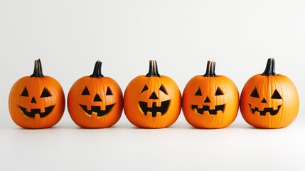 Five pumpkins for Halloween lined up on a white background