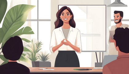 Businesswoman Presenting in Front of Whiteboard in Office Setting