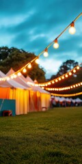 String lights hanging above a row of glowing carnival tents at dusk, creating a festive and magical atmosphere on a grassy field during a summer evening.