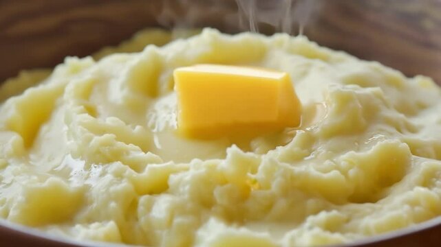 Rotating bowl of mashed potatoes topped with a pat of melting butter