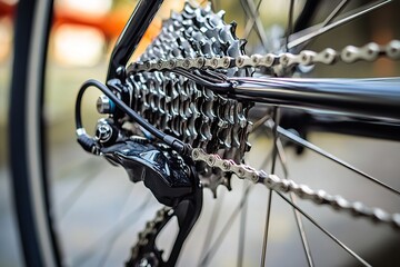 Close-up of the rear wheel and chain on a bicycle