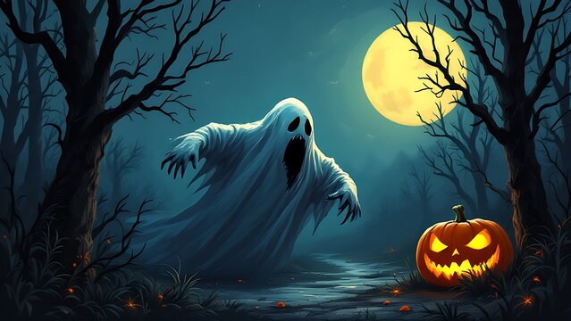 A ghost floating in a spooy forest under a ful moon, with a glowing jack o lantern nearby