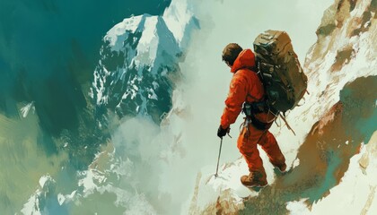 A lone hiker stands on a snowy mountain peak, looking out at a vast, snow-covered landscape.