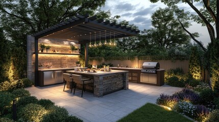 Obraz premium A luxury outdoor kitchen set in a landscaped patio