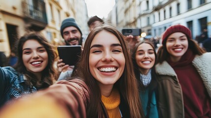 Fototapeta premium A Group of Friends Take a Selfie While Smiling and Laughing on a City Street
