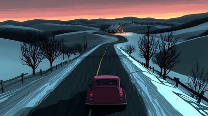 Serene Rustic Winter Landscape with a Vintage Car
