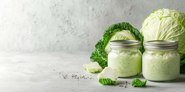 Fresh cabbage heads and jars filled with cabbage powder on a minimalist background, showcasing organic vegetables and plant-based powder ingredients for healthy eating.