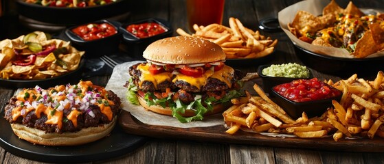 Indulge in Greasy Food Day with a captivating real picture showcasing a variety of deliciously greasy comfort foods, like crispy fries, loaded burgers, and cheesy nachos
