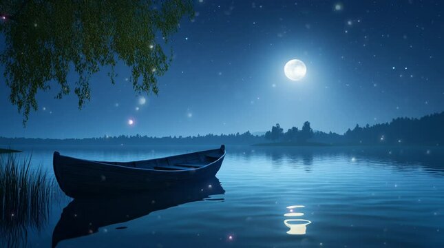 Wooden boat gently floating on a tranquil lake under a starry night sky in a magical fantasy setting
 Seamless looping 4k time-lapse virtual video animation Generated AI