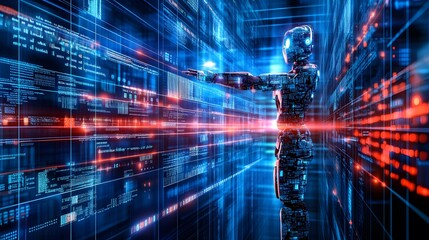 Futuristic Robot Interacting With Digital Code in Cyberspace