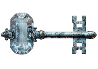 old vintage key made of white crystal isolated on transparent background