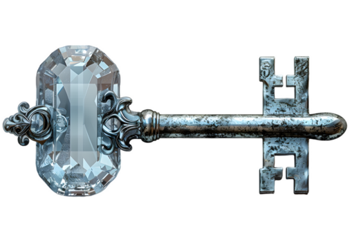 old vintage key made of white crystal isolated on transparent background