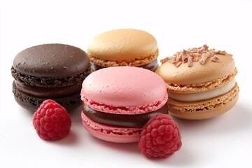 Four different colored macarons with raspberries on top