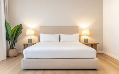 Modern bedroom with a plush bed, warm lighting, and stylish decor in a contemporary space