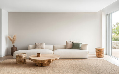 Modern minimalist living room featuring a unique wooden coffee table and natural decor elements