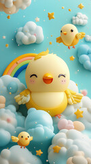 Fototapeta premium Cute Little Birds in the Clouds.