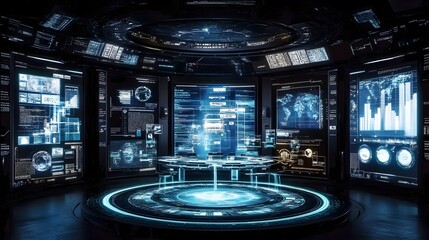 Futuristic Digital Command Center with Holographic Screens and Interface
