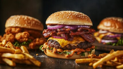 Mark Greasy Food Day with a tantalizing real picture showcasing an array of indulgent, crispy treats like fries, burgers, and pizza, highlighting their mouthwatering appeal and satisfying allure 