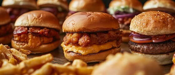 Mark Greasy Food Day with a tantalizing real picture showcasing an array of indulgent, crispy treats like fries, burgers, and pizza, highlighting their mouthwatering appeal and satisfying allure 