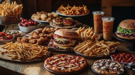 Mark Greasy Food Day with a tantalizing real picture showcasing an array of indulgent, crispy treats like fries, burgers, and pizza, highlighting their mouthwatering appeal and satisfying allure 