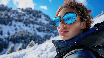 A young woman in a snowy outdoor setting, wearing sunglasses and a winter jacket. The reflection of a snow-covered forest is visible in her sunglasses as she enjoys the winter day.