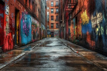 Fototapeta premium A graffiti covered alleyway with a wet road