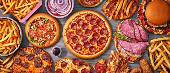 Mark Greasy Food Day with a tantalizing real picture showcasing an array of indulgent, crispy treats like fries, burgers, and pizza, highlighting their mouthwatering appeal and satisfying allure 