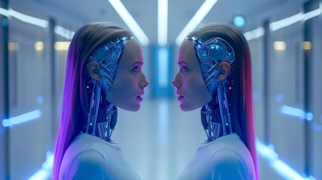 Two Identical Female Robots Face Each Other in Futuristic Corridor. Artificial Intelligence Concept.