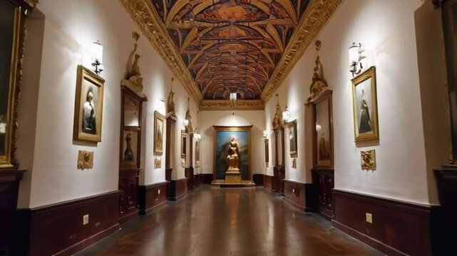 An elegant art gallery showcasing sculptures and paintings, highlighting classical architecture and intricate design.