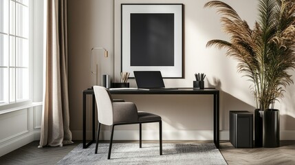 Chic home office setup with a stylish chair, black poster frame, laptop, desk, and elegant personal accessories, ample space for text