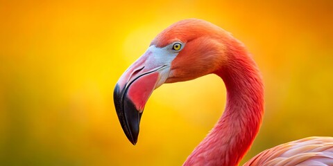 Fototapeta premium A Close-Up Portrait of a Pink Flamingo with its Head Turned to the Side Against a Soft Golden Background