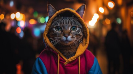 A stylish cat wearing a colorful hooded streetwear outfit faces the camera, set against a blurry night city background