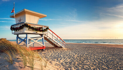Christmas Garland Wrapped Around a Lifeguard Tower