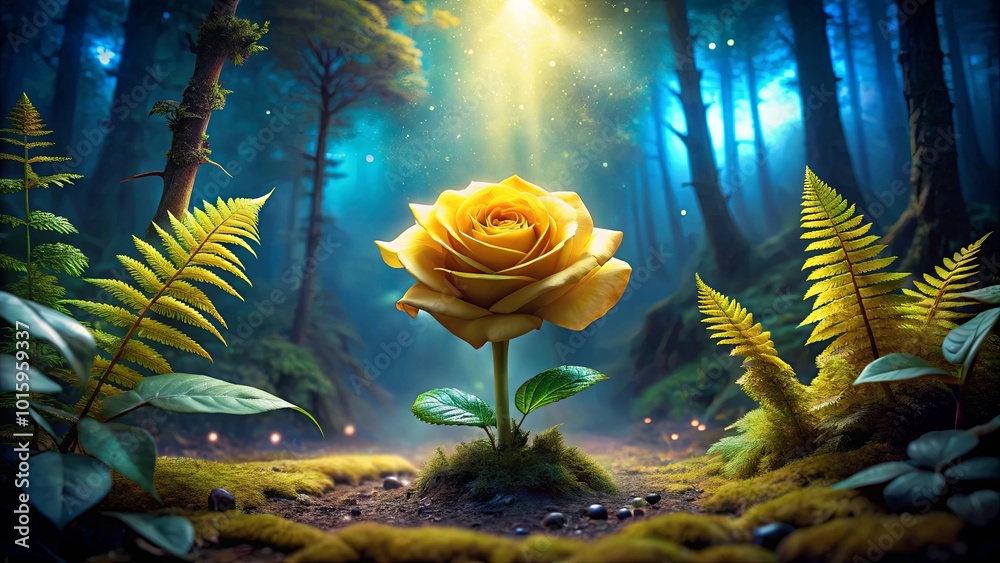 Sticker A solitary golden rose blooms in a mystical forest, illuminated by a beam of light, surrounded by vibrant ferns and moss