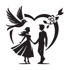 Valentine Couple with Bird Icon Silhouette Logo Vector on White Background