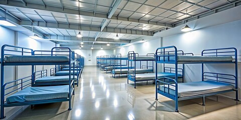 Obraz premium Rows of steel bunk beds line the brightly lit, expansive room, a stark and functional space for collective rest.