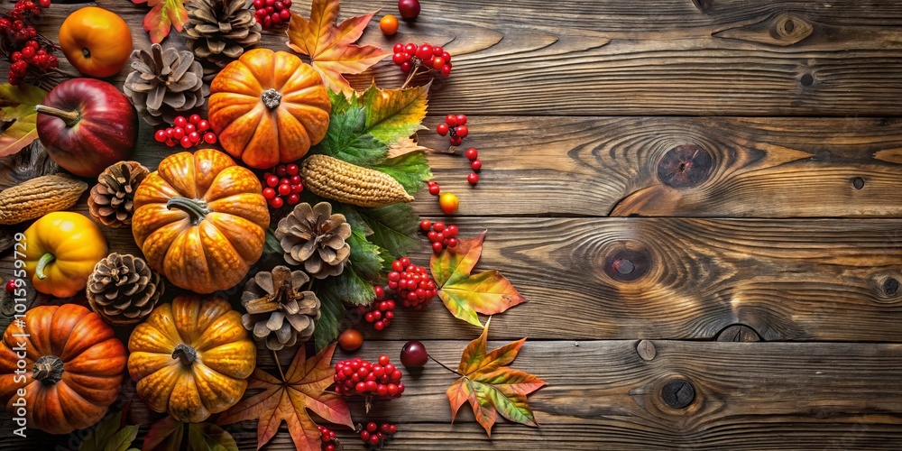 Wall mural A Rustic Autumnal Arrangement of Pumpkins, Pinecones, and Fall Foliage on a Weathered Wooden Surface