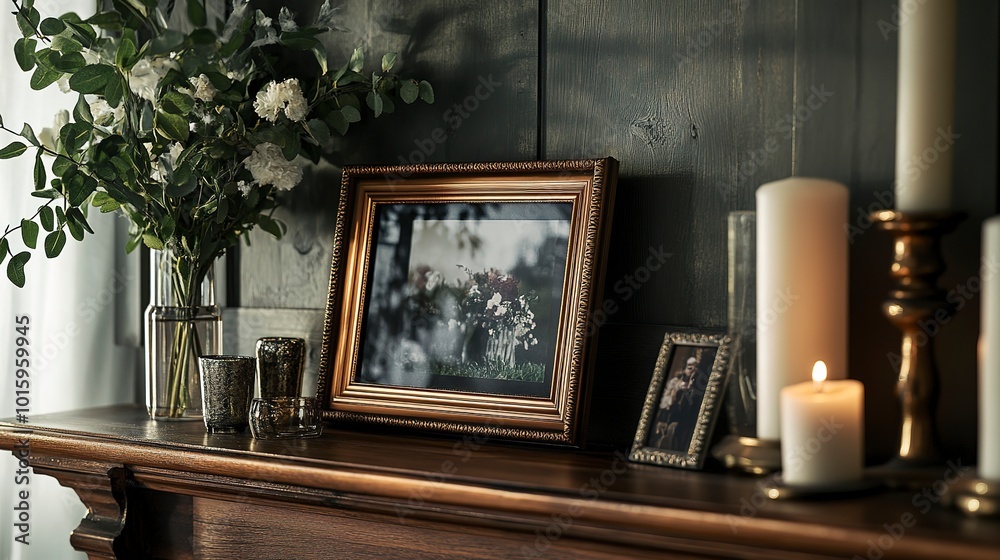 Canvas Prints Positioned on a mantel shelf with family photos, Personalization, Texture Contrast, The frame is placed on a mantel shelf alongside family photos 