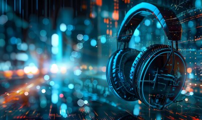 Fototapeta premium Glowing music sheets notes with headphones on beautiful lights bokeh background.