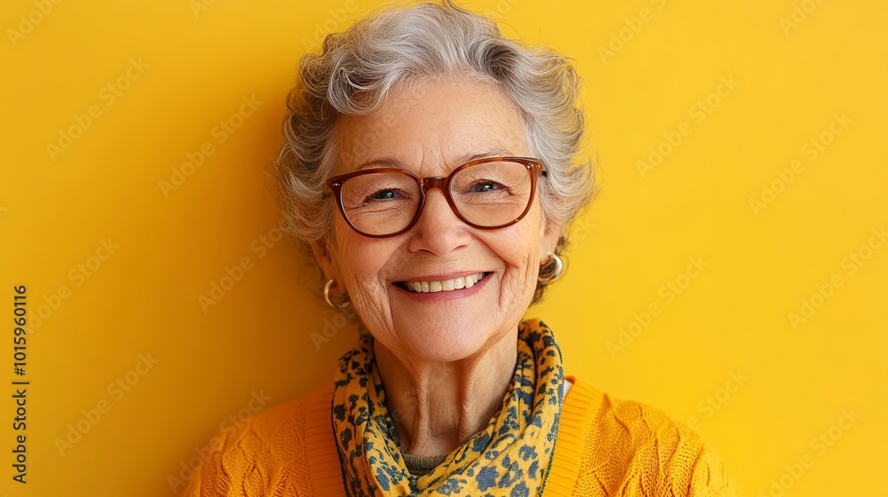 Wall mural portrait of a cheerful smiling elderly grandmother in glasses on a yellow background  -67fcd86eb460