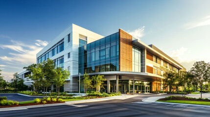 Obraz premium Hospital building facade with contemporary architecture, featuring clean lines and large windows, a modern healthcare facility exterior