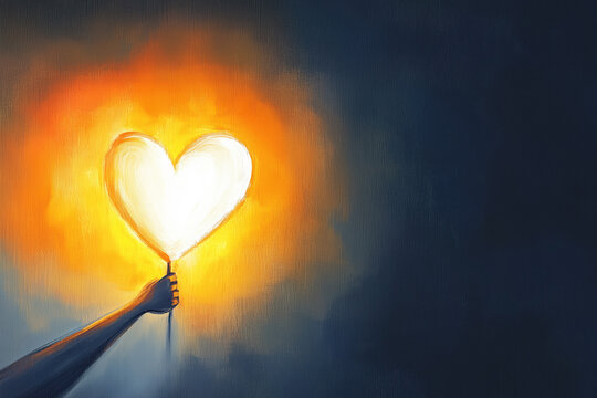 A glowing heart-shaped light held by a hand, symbolizing love, faith, and hope in a dark background, evoking Christian themes of light and salvation.